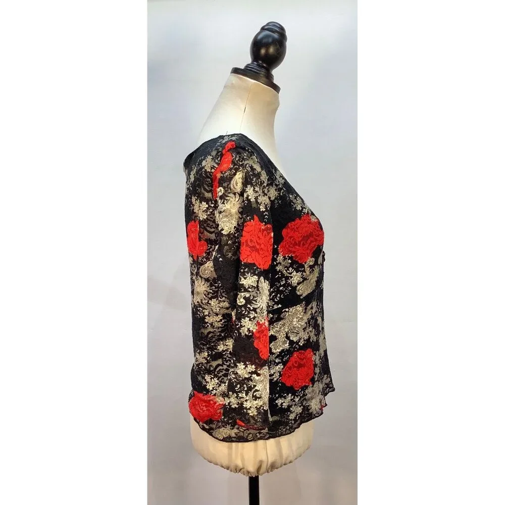 Y2K Babydoll Top Womens M (est) Black Red Rose Lace Sheer Fairy Whimsy Goth - Picture 7 of 7